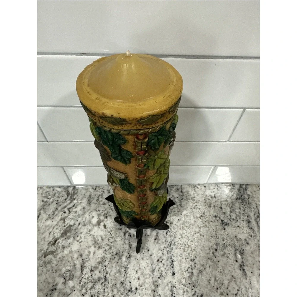 Vintage Pillar Candle With Iron Metal Holder Birds Leaves Great‎ Christmas Gift